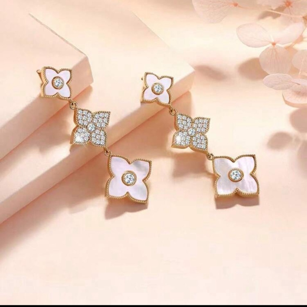 Elegant Gold and Pink Floral Drop Earrings - Picture 3 of 5